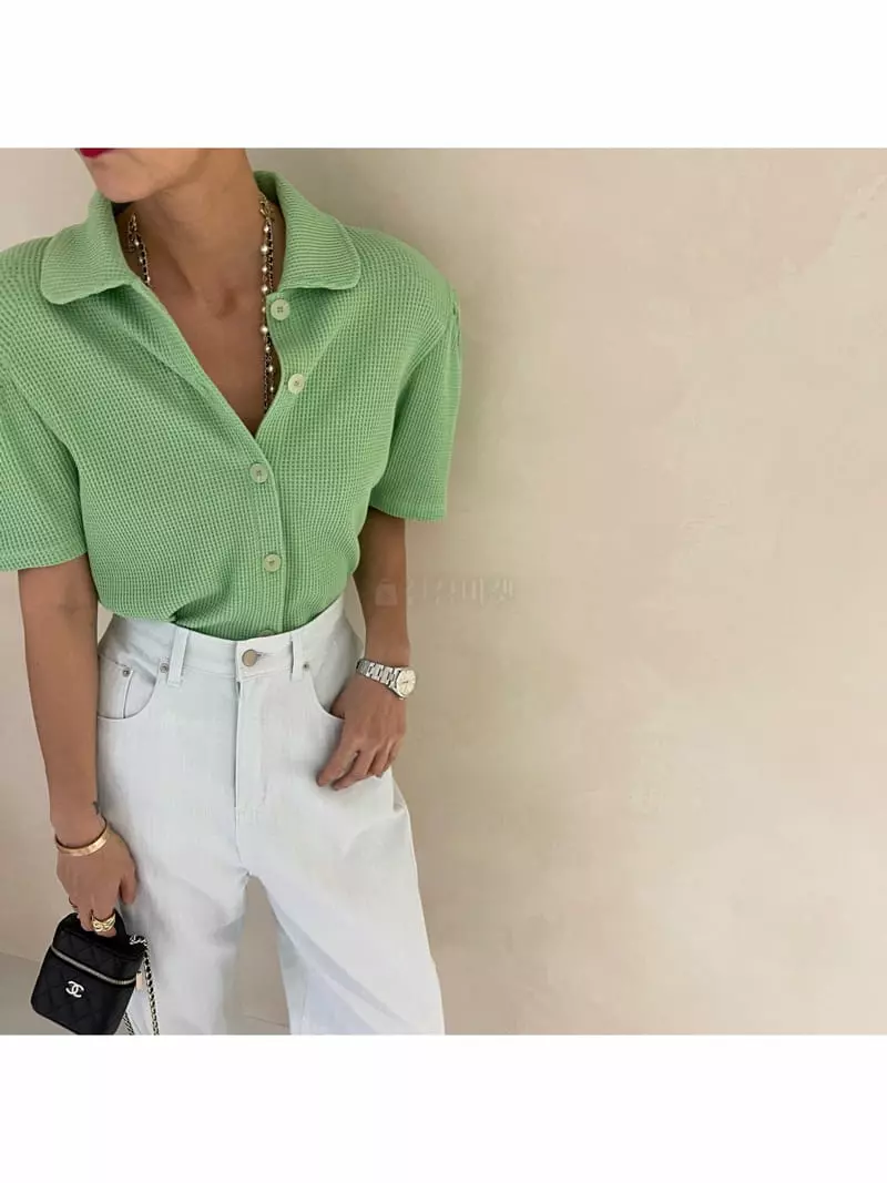 Auver_Fit - Korean Women Fashion - #thatsdarling - Waffle Collar Short Sleeves Tee
