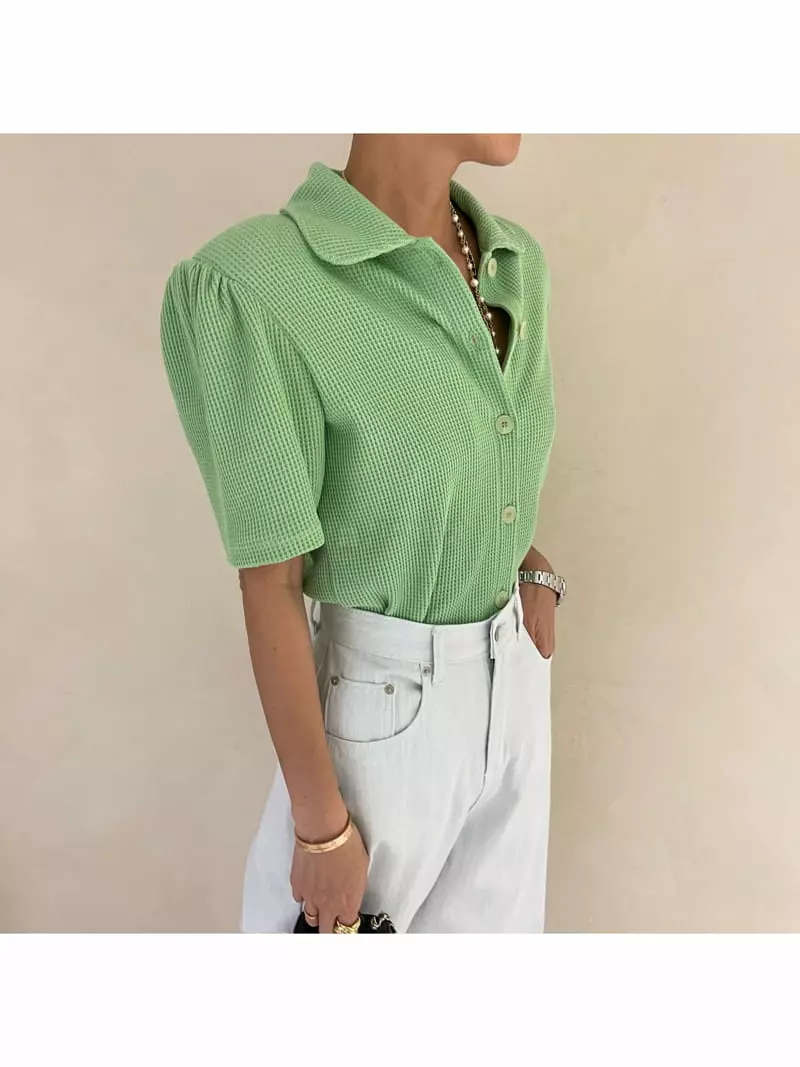 Auver_Fit - Korean Women Fashion - #thelittlethings - Waffle Collar Short Sleeves Tee - 2