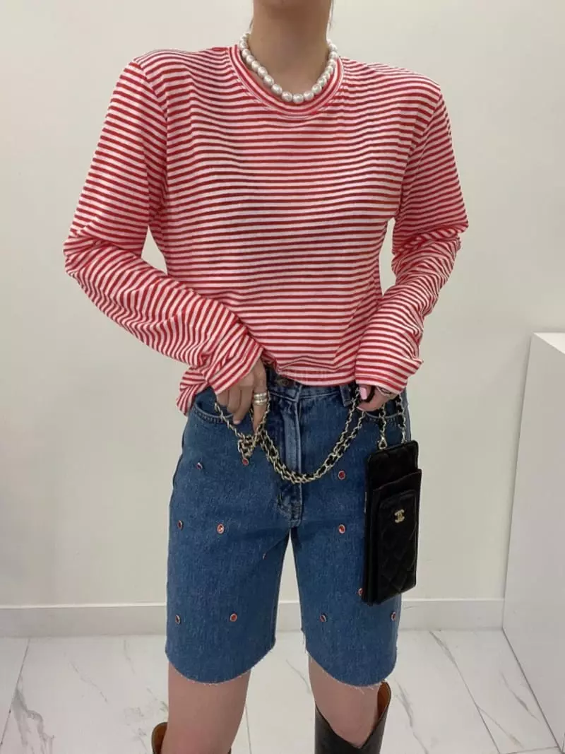 Auver_Fit - Korean Women Fashion - #womensfashion - Stripes Piping Tee - 2