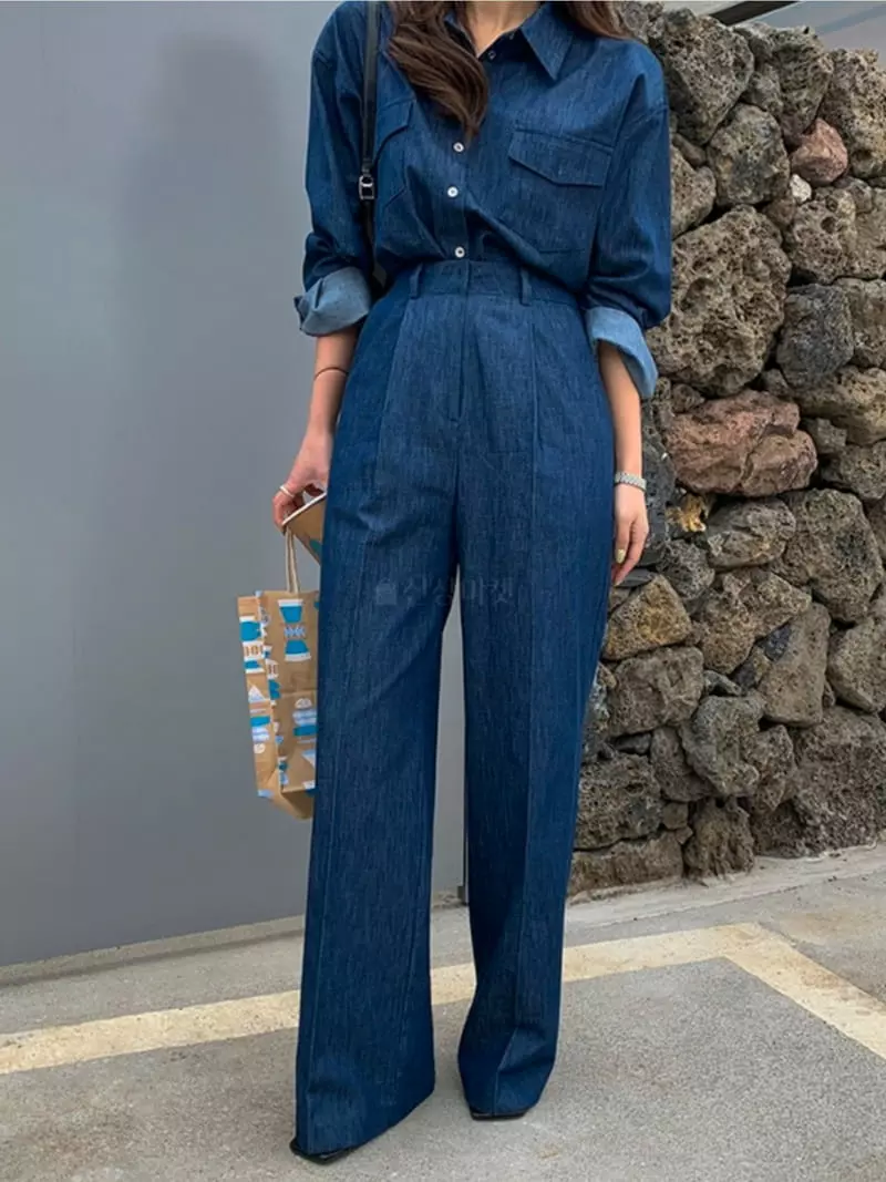 Better - Korean Women Fashion - #vintageinspired - Chel Denim Top Bottom Set - 2