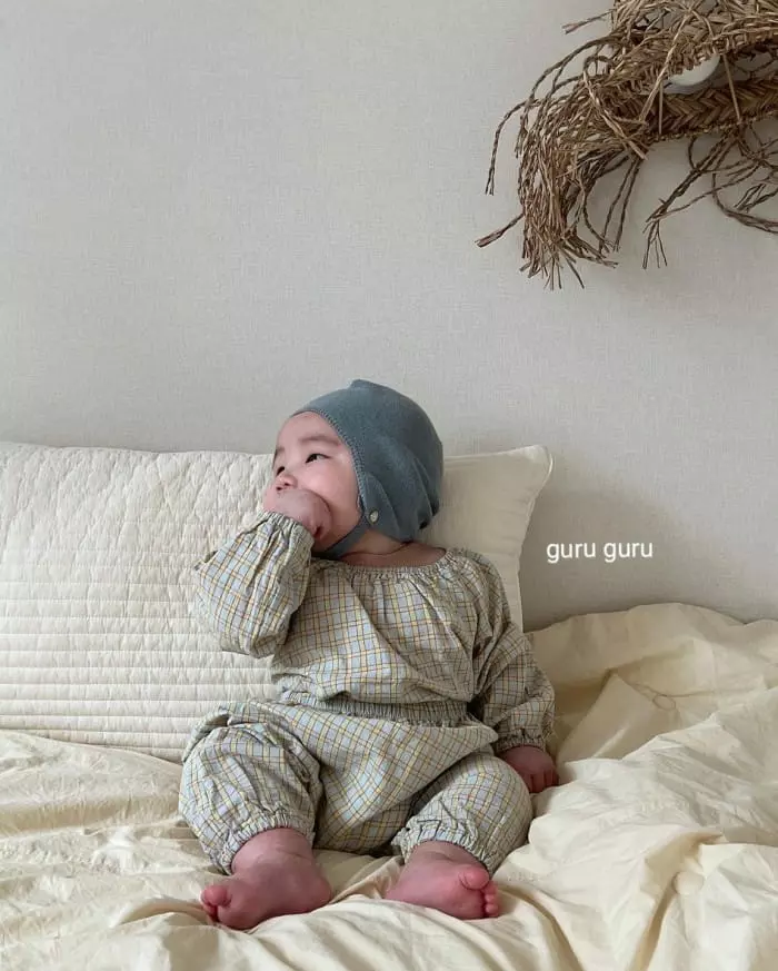 Guru Guru - Korean Baby Fashion - #babyootd - Check Top Bottom Set