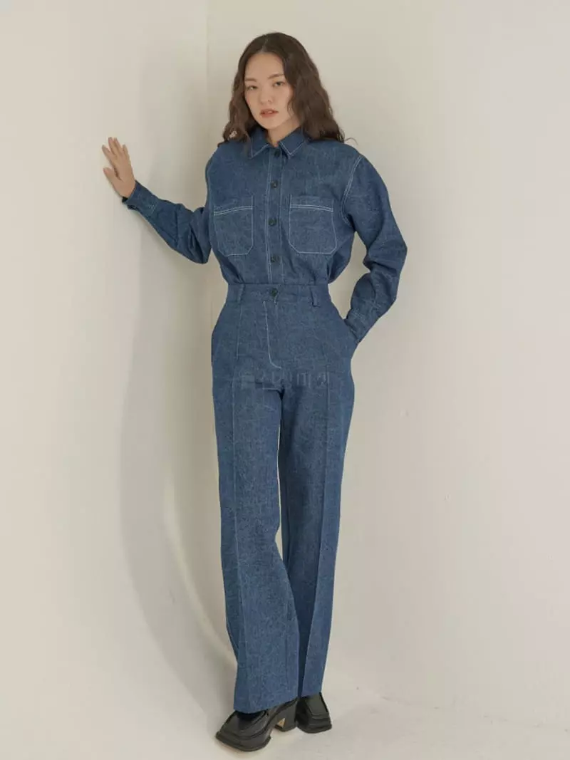 Inni - Korean Women Fashion - #womensfashion - Denim Top Bottom Set - 3