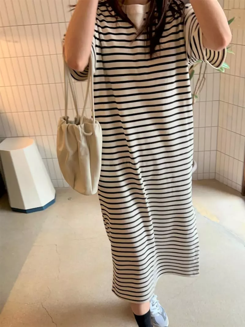 Lowell - Korean Women Fashion - #momslook - Stripes Long One-piece