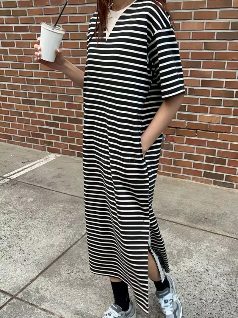 Lowell - Korean Women Fashion - #momslook - Stripes Long One-piece - 3