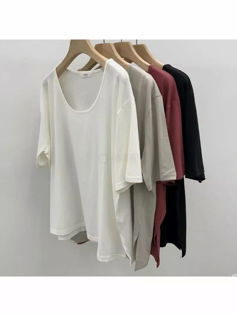 Maint - Korean Women Fashion - #restrostyle - Slit U Neck Tee - 3