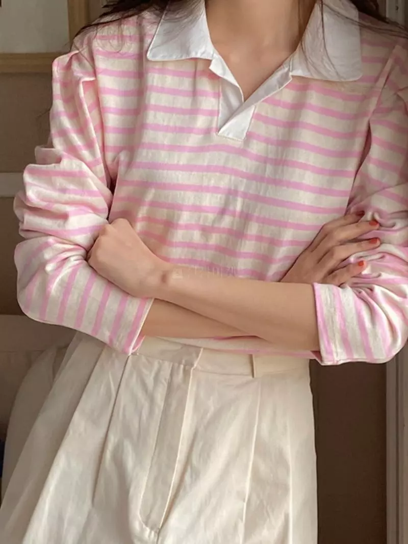 Mmore S - Korean Women Fashion - #momslook - Stripes Collar Tee - 2