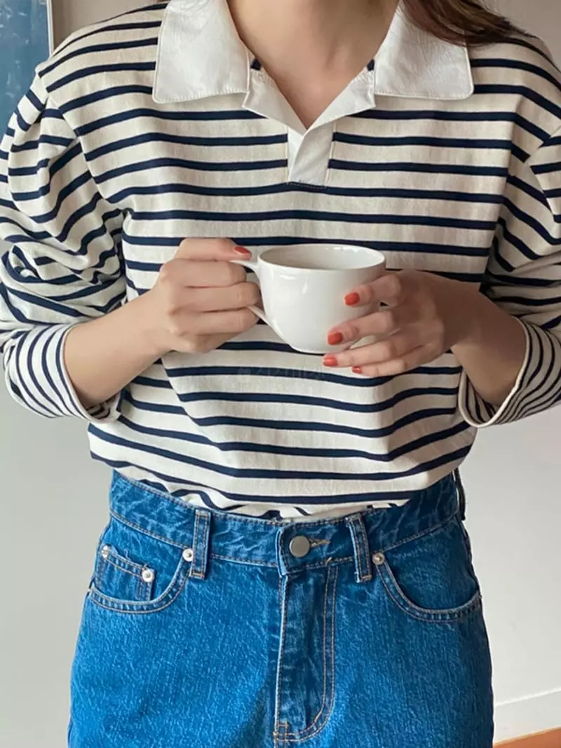 Mmore S - Korean Women Fashion - #womensfashion - Stripes Collar Tee - 4