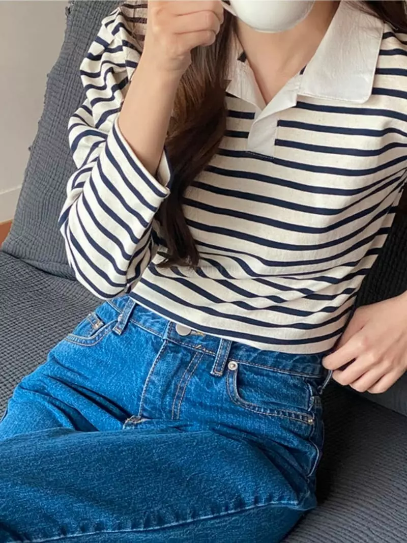 Mmore S - Korean Women Fashion - #womensfashion - Stripes Collar Tee - 3