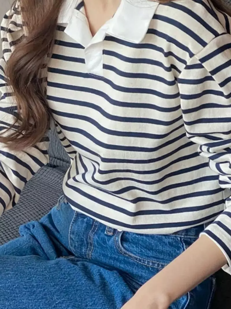 Mmore S - Korean Women Fashion - #womensfashion - Stripes Collar Tee - 9