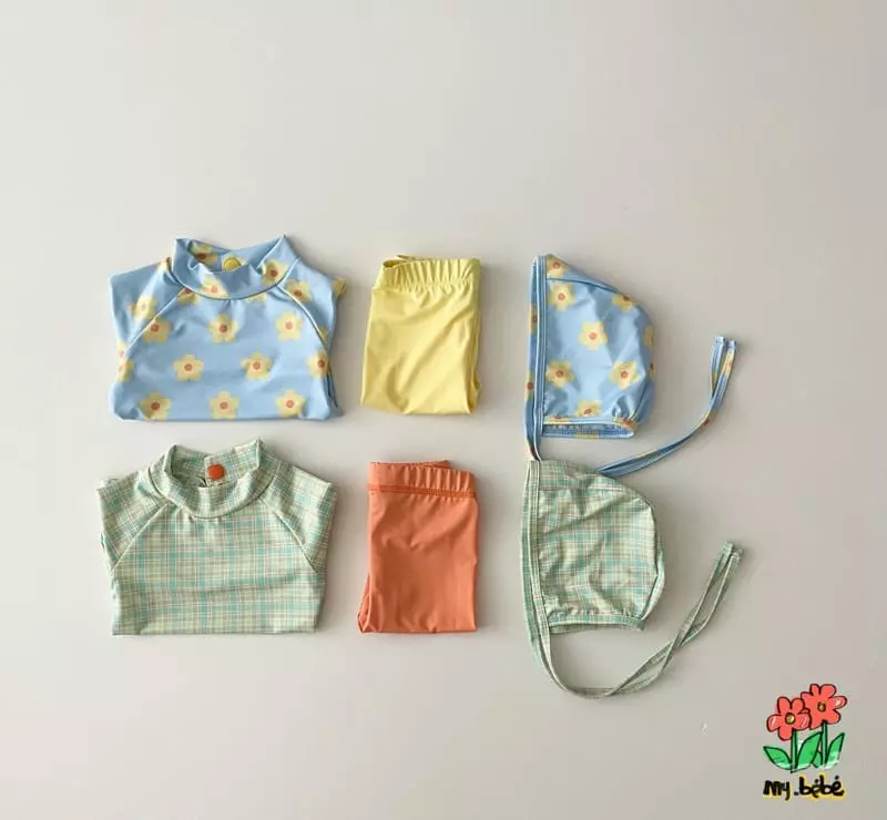 My Bebe - Korean Children Fashion - #fashionkids - Shu Shu Rash Guard Top Bottom Hat Set - 2