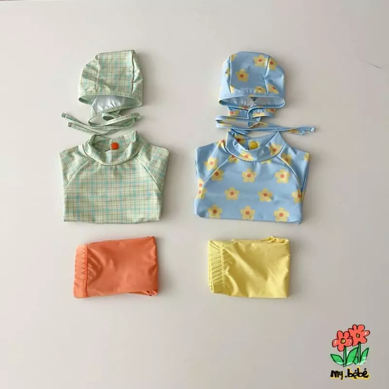 My Bebe - Korean Children Fashion - #kidsshorts - Shu Shu Rash Guard Top Bottom Hat Set - 3