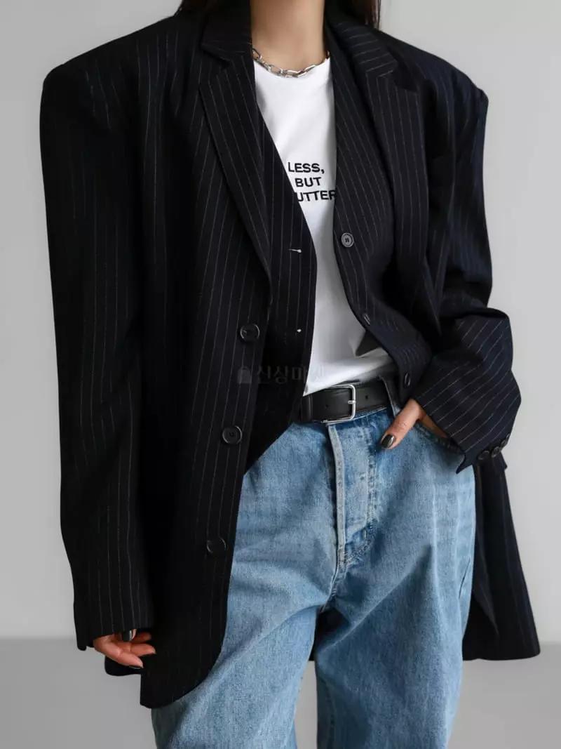 Paper Moon - Korean Women Fashion - #restrostyle - Pin Strieps Three Button Single Wool Jacket - 2