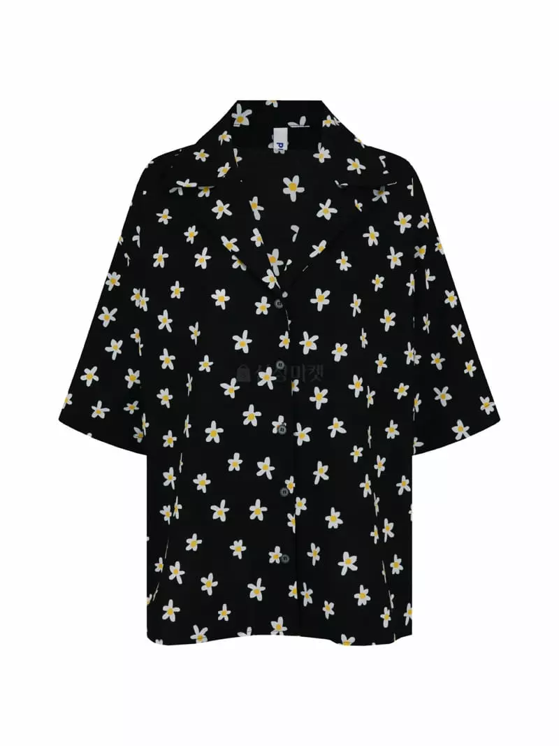 Pic - Korean Women Fashion - #pursuepretty - Flower Open Collar Tee