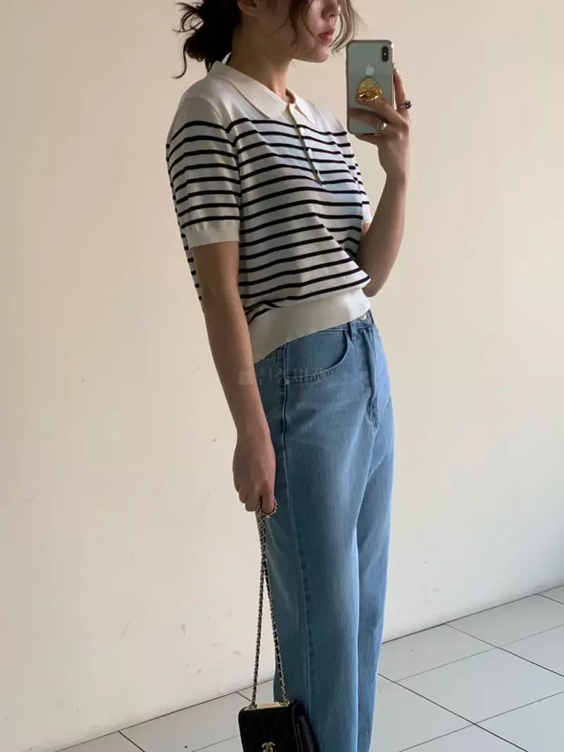 Sof - Korean Women Fashion - #momslook - Stripes Collar Knit - 3