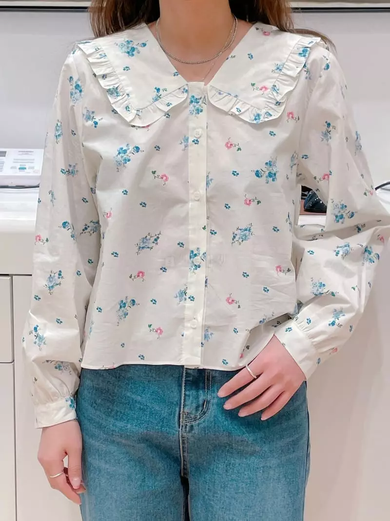 Very - Korean Women Fashion - #momslook - Small Flower Frill Blouse - 2