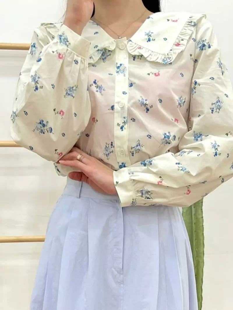 Very - Korean Women Fashion - #womensfashion - Small Flower Frill Blouse