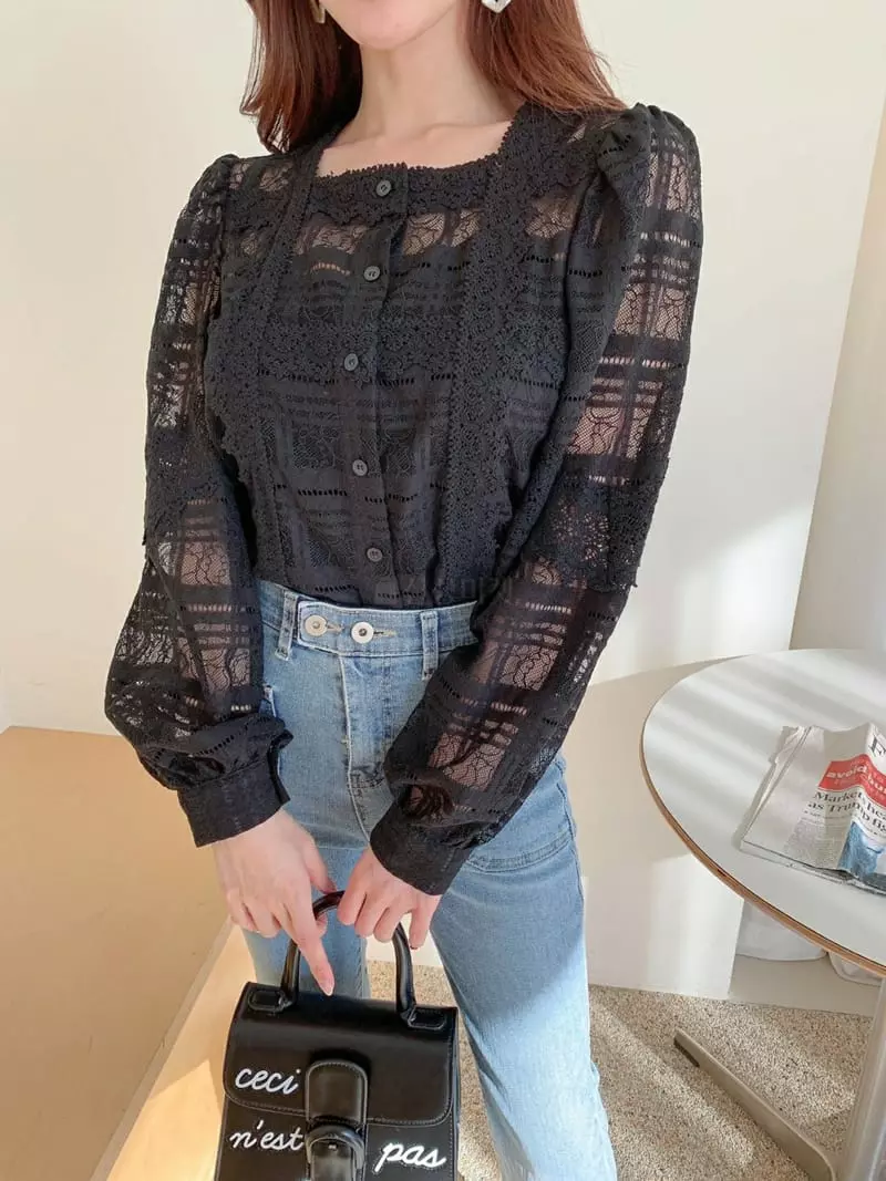 Vincent - Korean Women Fashion - #womensfashion - Check Lace Blouse - 2