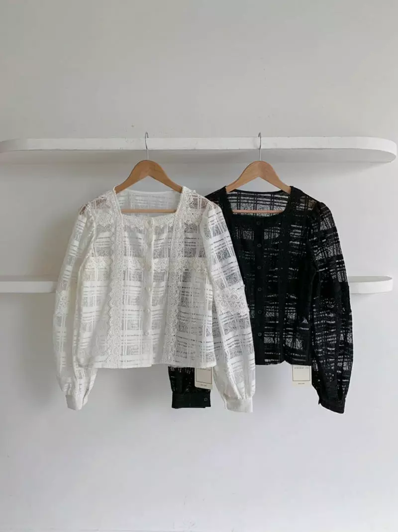 Vincent - Korean Women Fashion - #momslook - Check Lace Blouse - 4