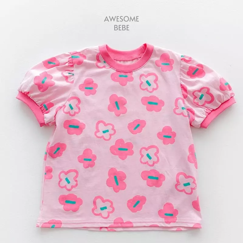 Awesome Bebe - Korean Children Fashion - #kidsshorts - Pink Flower Short Sleeves Tee - 2