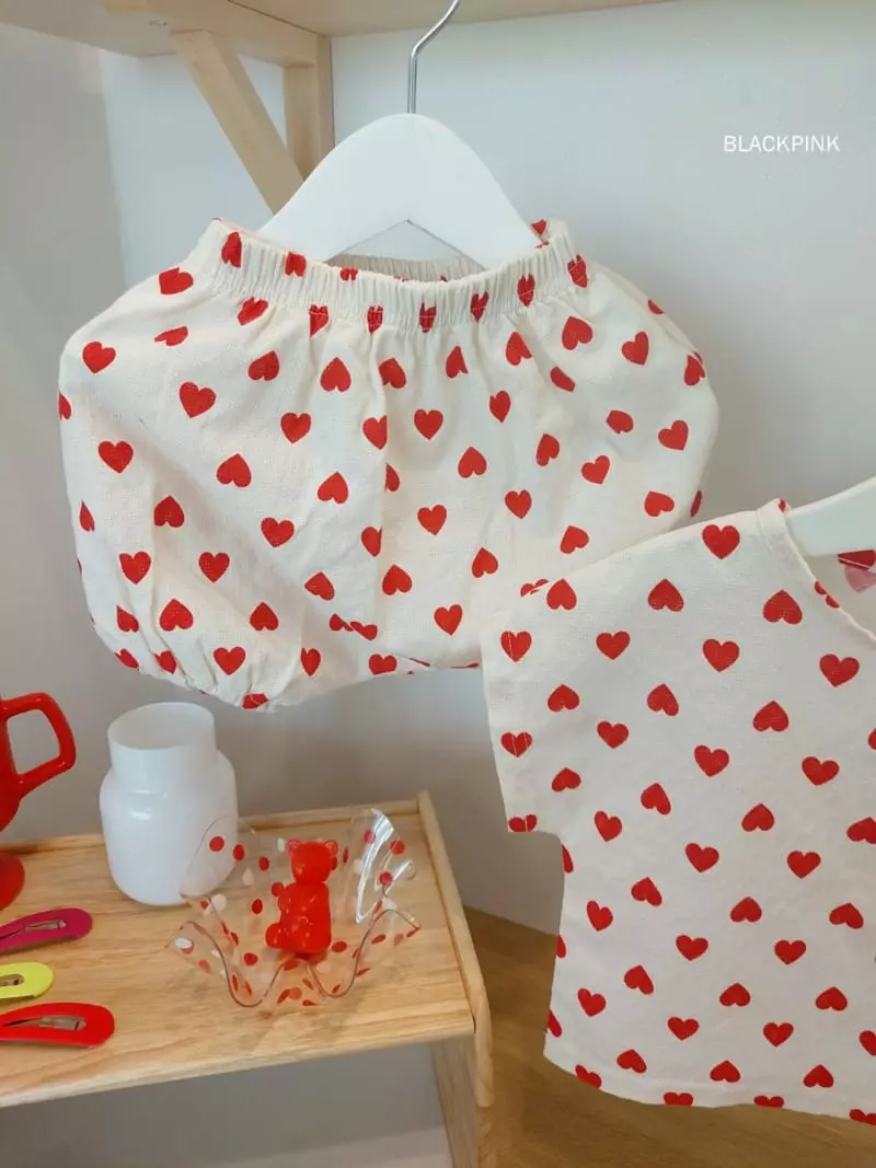 Black Pink - Korean Children Fashion - #childofig - Hear Top Bottom Set - 6