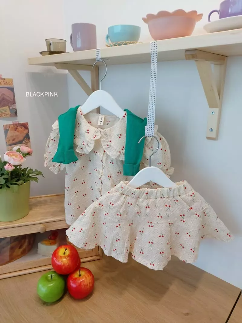 Black Pink - Korean Children Fashion - #kidsshorts - Cherry Top Bottom Set - 3