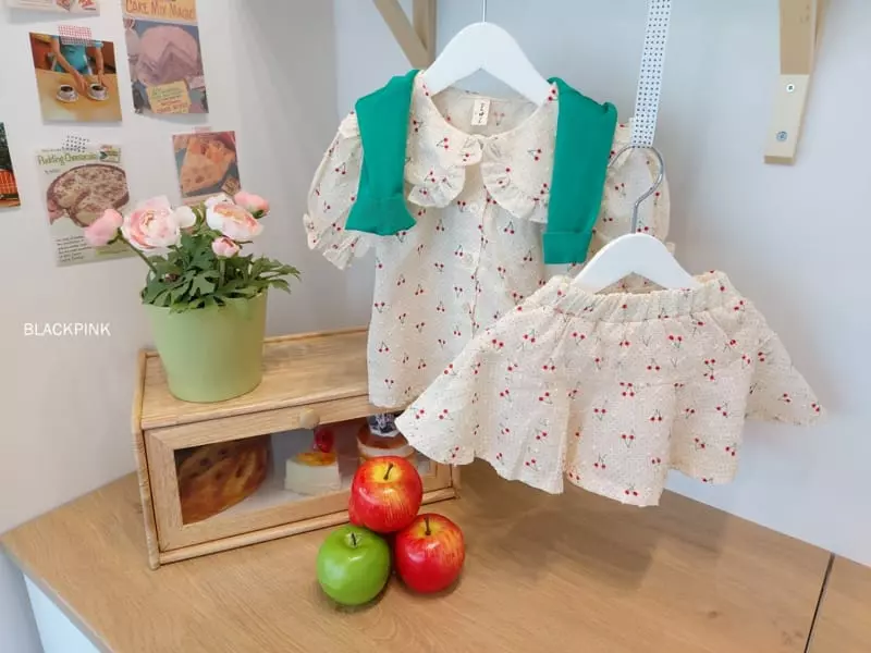 Black Pink - Korean Children Fashion - #kidsshorts - Cherry Top Bottom Set - 4