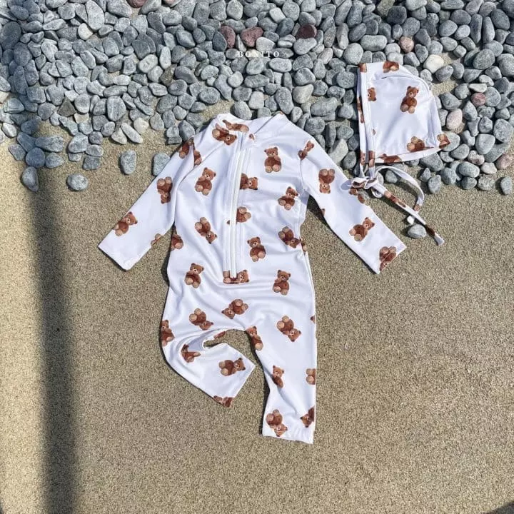 Bonito - Korean Children Fashion - #childrensboutique - Bear Rashguard Swimwear with Hat - 3