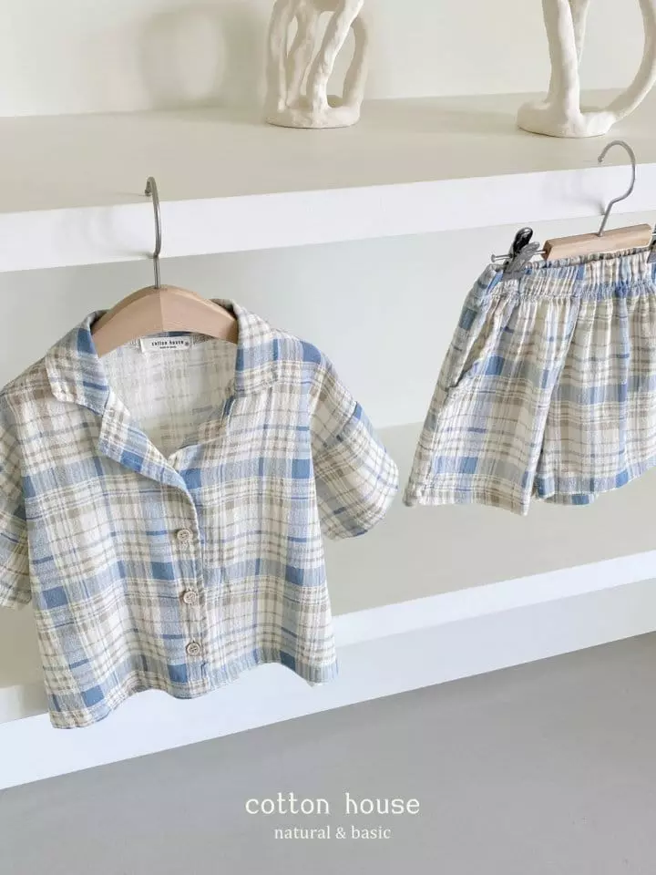 Cotton House - Korean Children Fashion - #childofig - Check Collar Top Bottom Set - 3