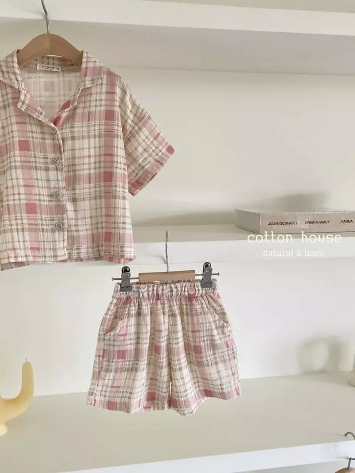 Cotton House - Korean Children Fashion - #fashionkids - Check Collar Top Bottom Set - 7