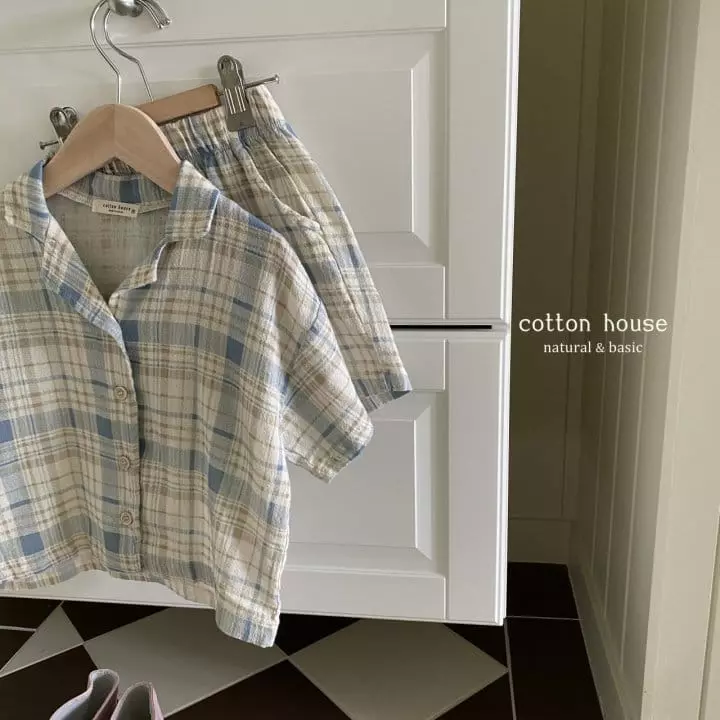 Cotton House - Korean Children Fashion - #kidsshorts - Check Collar Top Bottom Set - 8