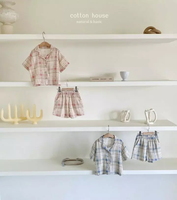 Cotton House - Korean Children Fashion - #toddlerclothing - Check Collar Top Bottom Set