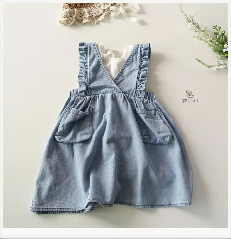 JM Snail - Korean Children Fashion - #childofig - Denim Frill Pocket One-piece - 12