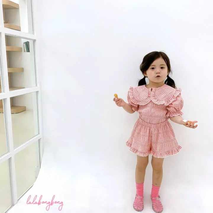 Lalabongbong - Korean Children Fashion - #prettylittlegirls - Check Collar Top Bottom Set - 2