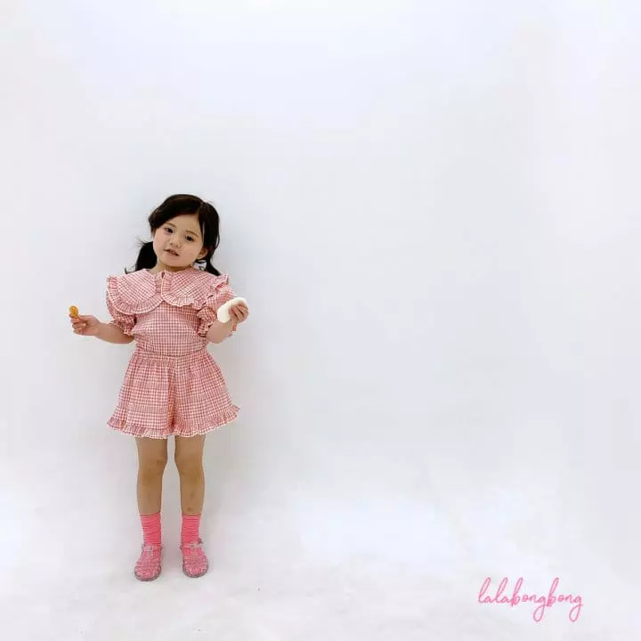 Lalabongbong - Korean Children Fashion - #todddlerfashion - Check Collar Top Bottom Set - 3