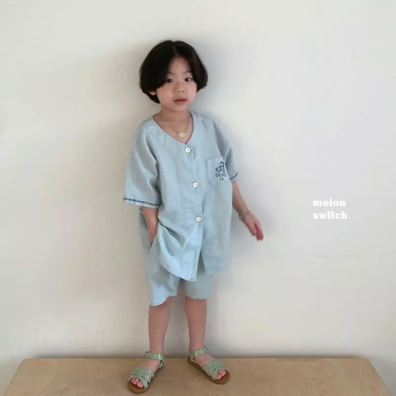 Melon Switch - Korean Children Fashion - #stylishchildhood - V Neck Bear Embroidery Top Bottom Set - 4