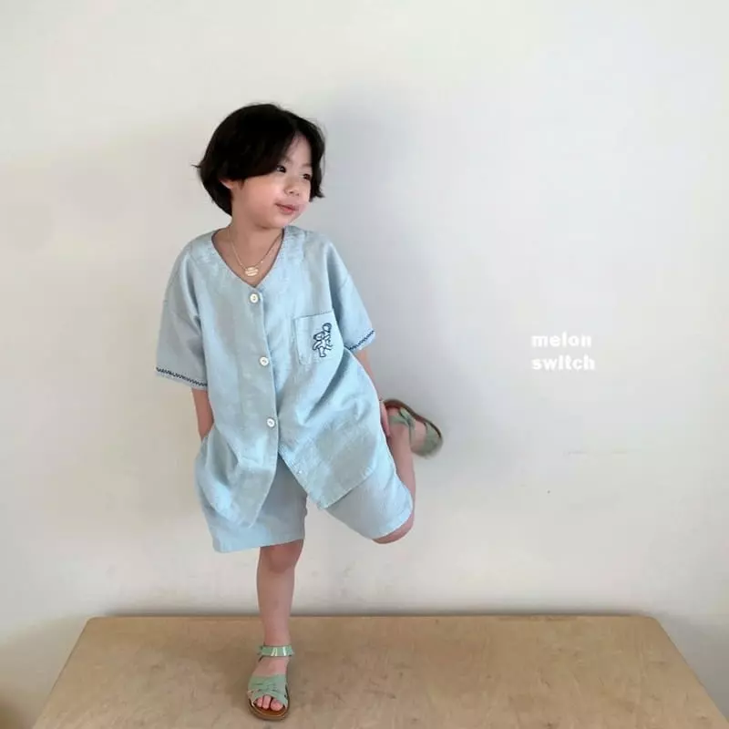 Melon Switch - Korean Children Fashion - #designkidswear - V Neck Bear Embroidery Top Bottom Set - 6