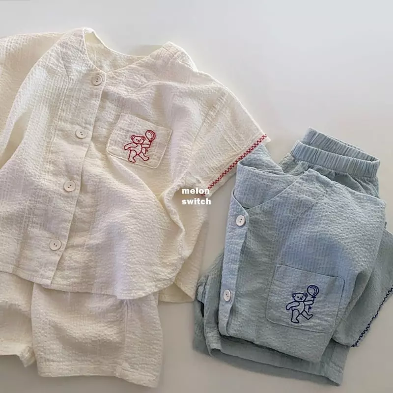 Melon Switch - Korean Children Fashion - #kidzfashiontrend - V Neck Bear Embroidery Top Bottom Set - 11