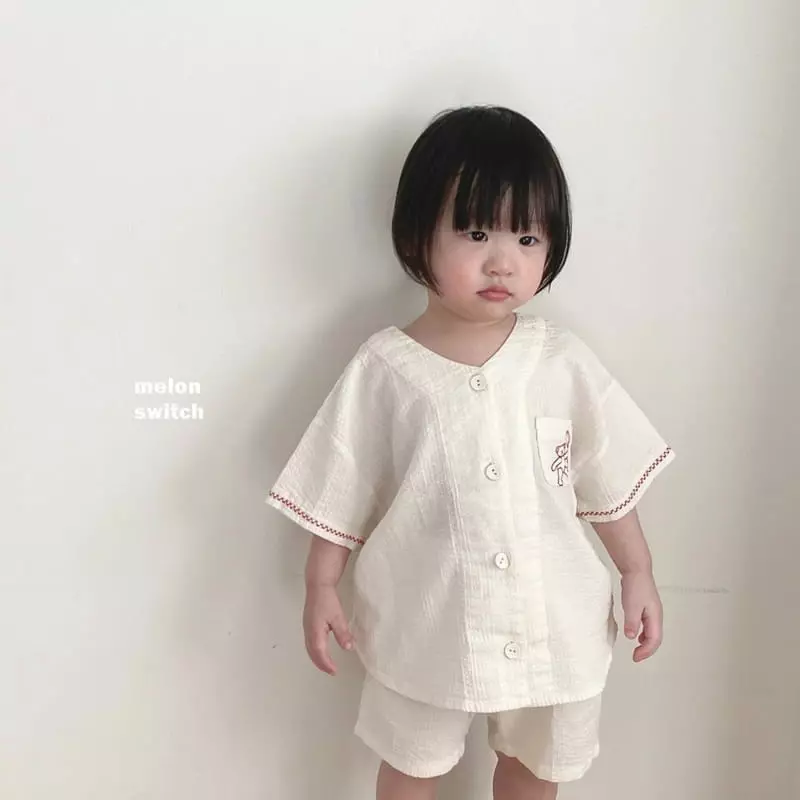 Melon Switch - Korean Children Fashion - #toddlerclothing - V Neck Bear Embroidery Top Bottom Set - 2