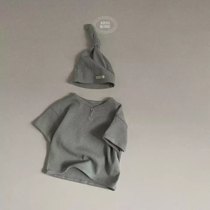 Mini Robe - Korean Baby Fashion - #onlinebabyshop - Bebe Waffle Piping Tee with Hat - 6