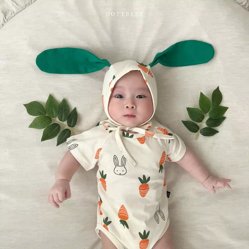 Oott Bebe - Korean Baby Fashion - #babyclothing - Vegetable Short Sleeves Bodysuit with Bonnet - 4