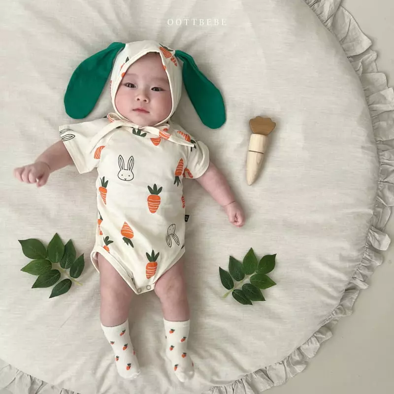 Oott Bebe - Korean Baby Fashion - #babyfever - Vegetable Long Sleeves Bodysuit with Bonnet - 6