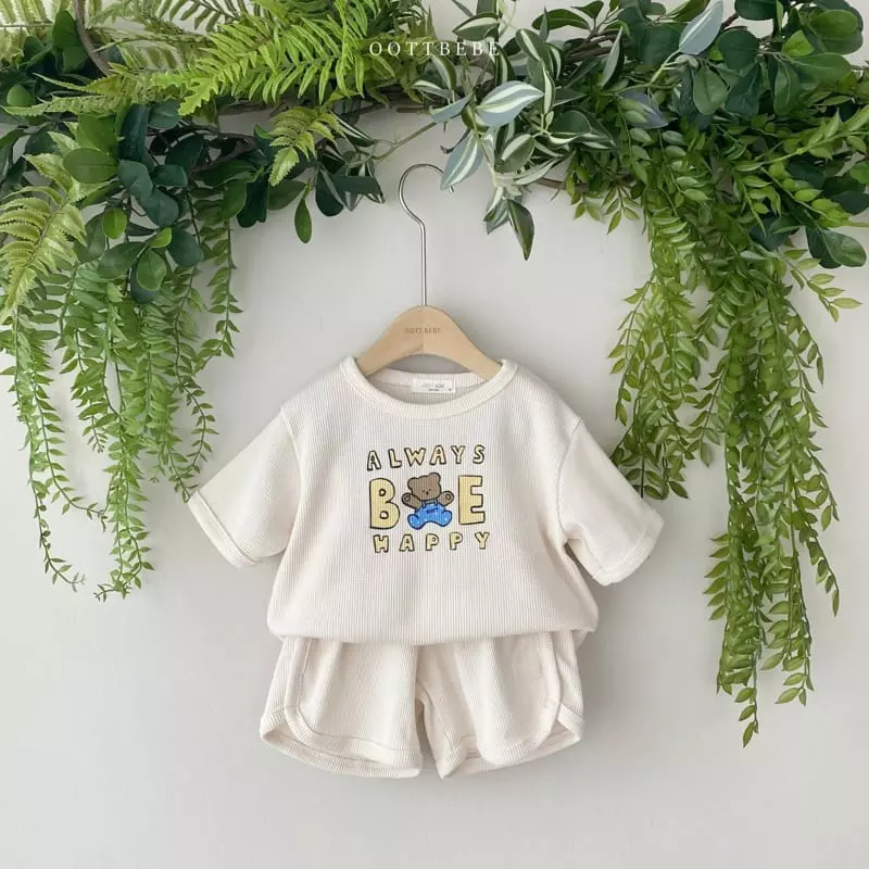 Oott Bebe - Korean Children Fashion - #magicofchildhood - Be Happy Waffle Top Bottom Set