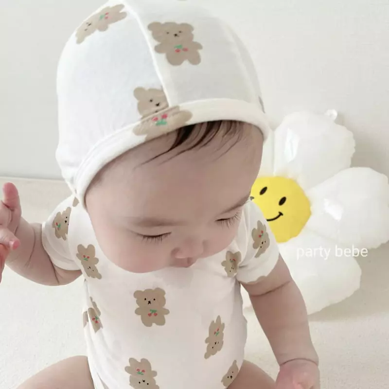 Party Kids - Korean Baby Fashion - #babyboutique - Cherry Bear Bodysuit with Bonnet - 6