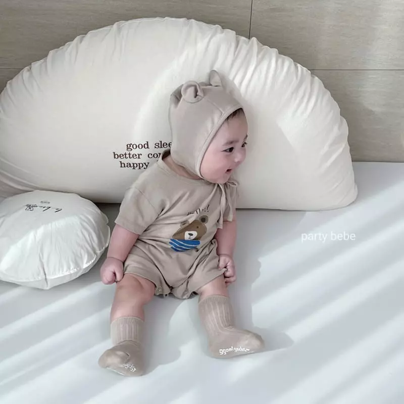 Party Kids - Korean Baby Fashion - #babyoutfit - Marine Bear Top Bottom Set with Bonnet