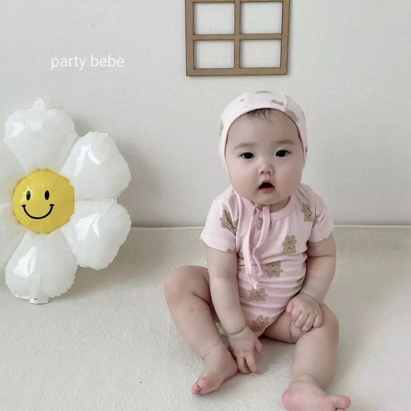Party Kids - Korean Baby Fashion - #smilingbaby - Cherry Bear Bodysuit with Bonnet - 5
