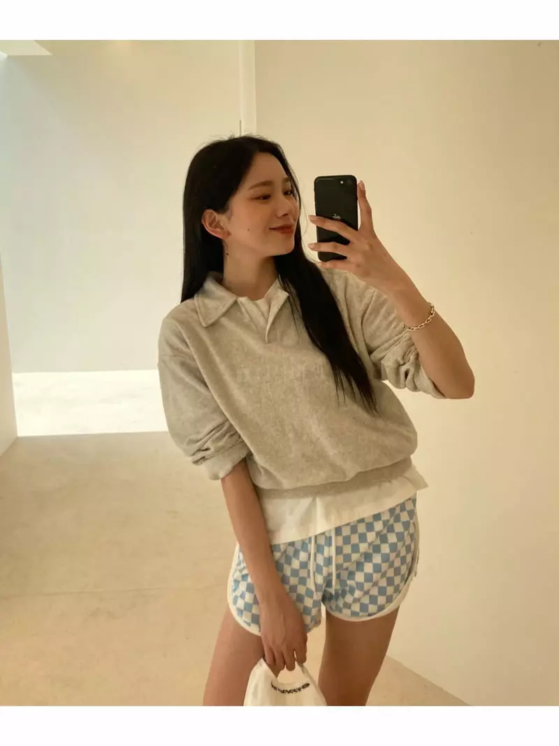 Sllow - Korean Women Fashion - #momslook - Terry Open Collar Tee - 5