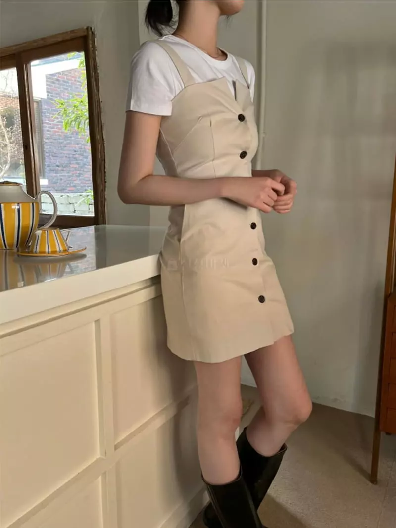 Sllow - Korean Women Fashion - #romanticstyle - Bustier Button Bandign One-piece - 2