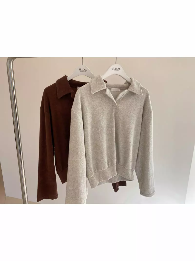 Sllow - Korean Women Fashion - #womensfashion - Terry Open Collar Tee - 2