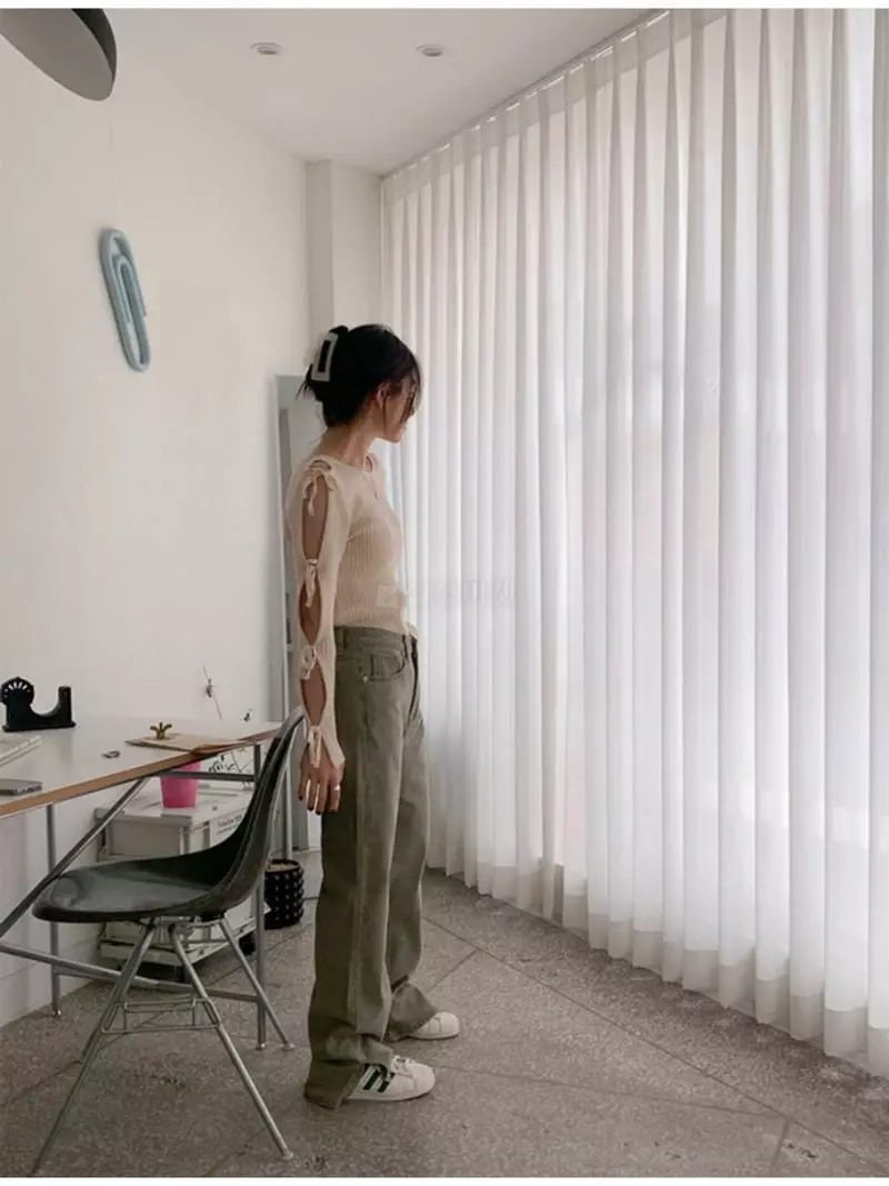 Sllow - Korean Women Fashion - #womensfashion - Ribbon Strap Slit Knit - 2