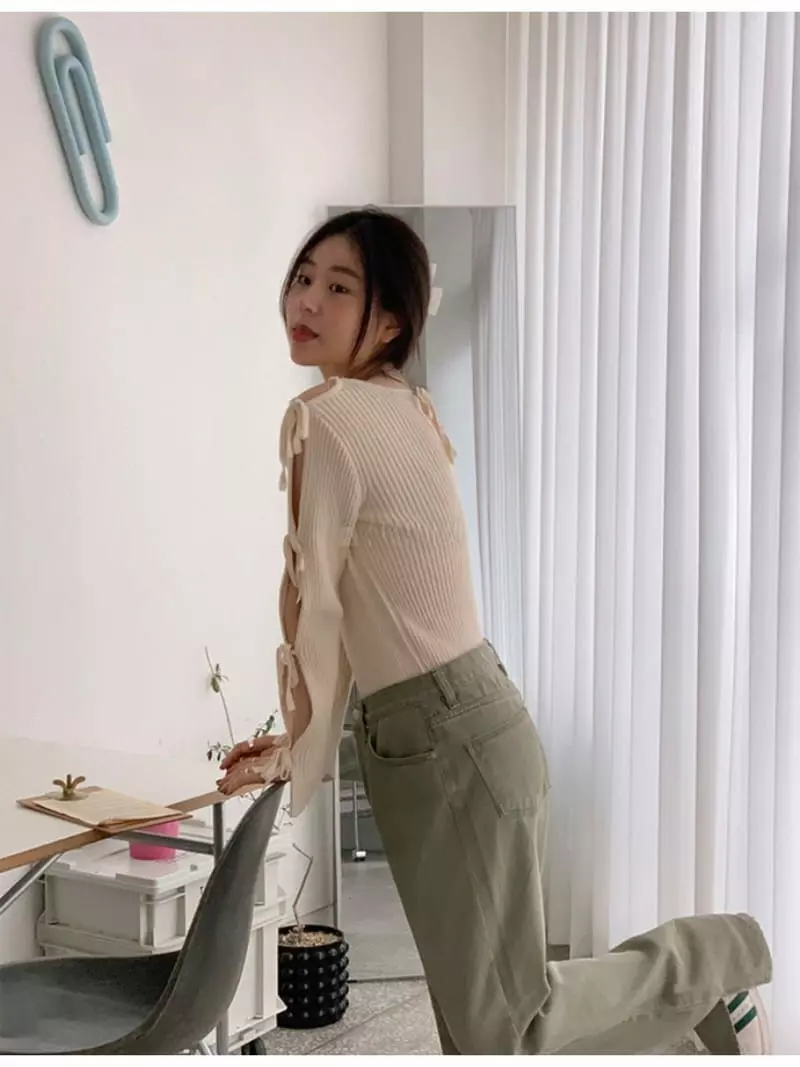 Sllow - Korean Women Fashion - #momslook - Ribbon Strap Slit Knit - 4